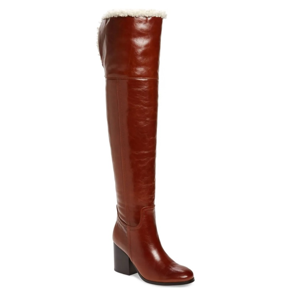 Jeffrey Campbell Brown Leather Over-the-Knee Boots with Fur Trim - Size: 8.5